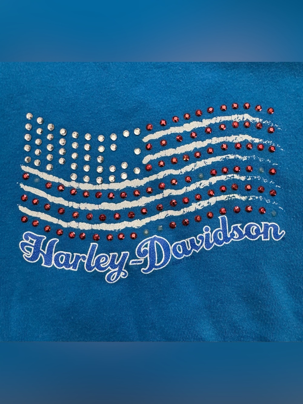 Vintage Harley Davidson Women’s Size 1X 2005 Y2K T-Shirt Blue American Logo Flag